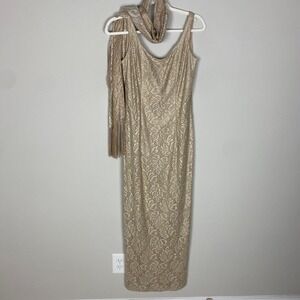Vintage Jeffrey & Dara Metallic Gold Lace Evening Gown Maxi Dress Shawl Gatsby